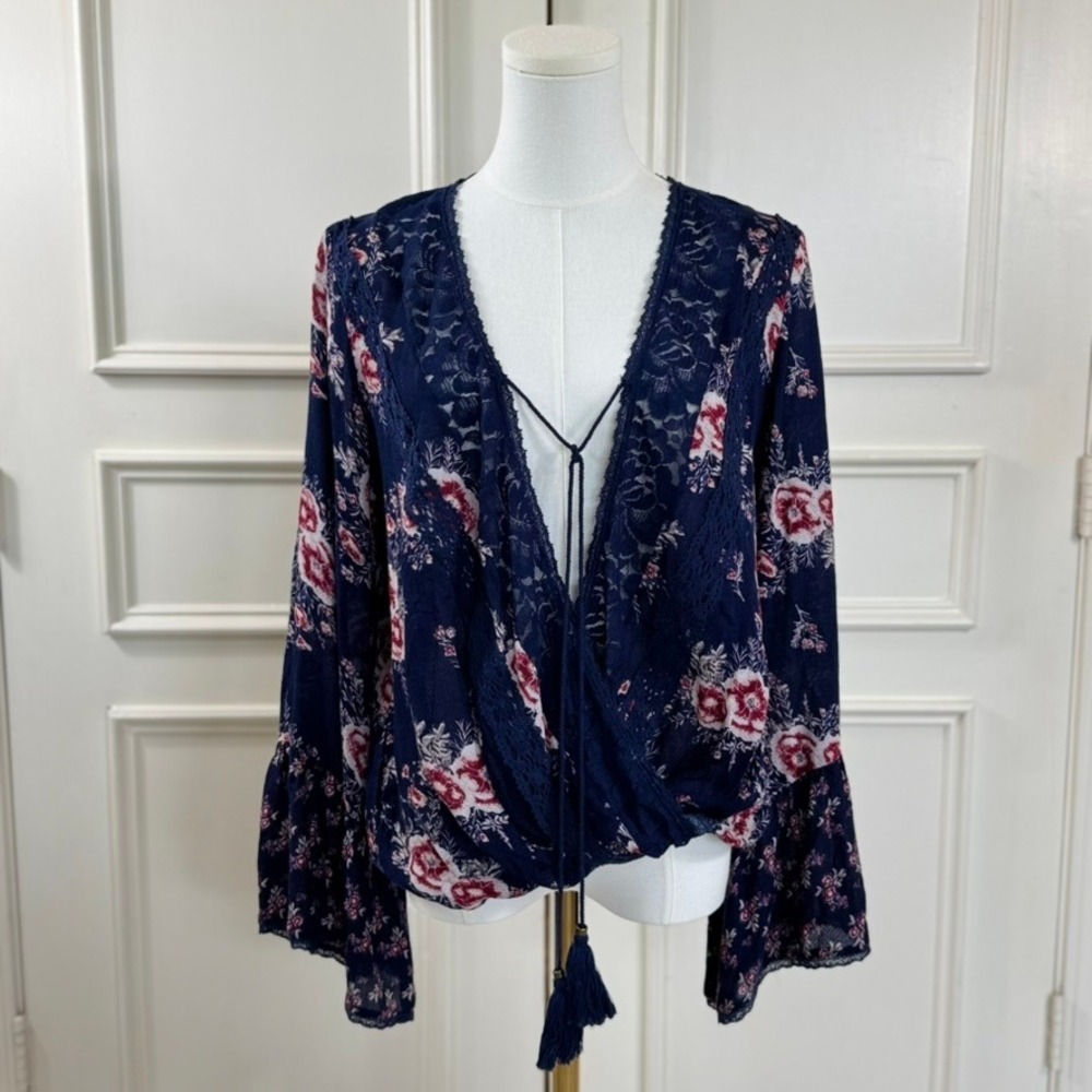 Altar'd State Floral Lace Wrap Top Women's M Navy Boho Tassel Bell Long Sleeve